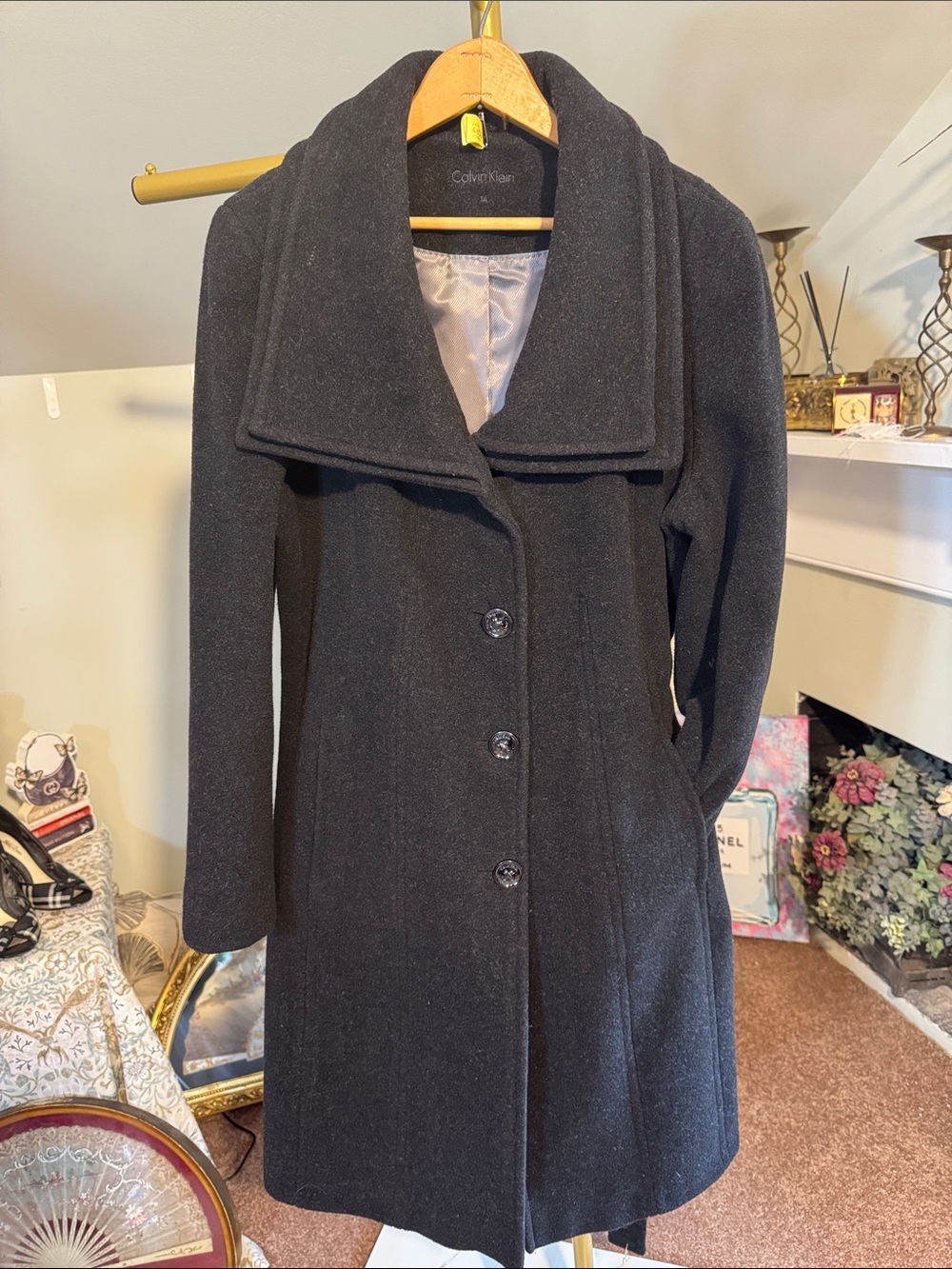 Vintage Calvin Klein Gray Heathered Belted Wool-Blend Trench Coat Dry Cleaned